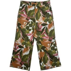 Tahari 100% Linen Wide Leg Pants Floral Cropped Green Orange Vacation Large